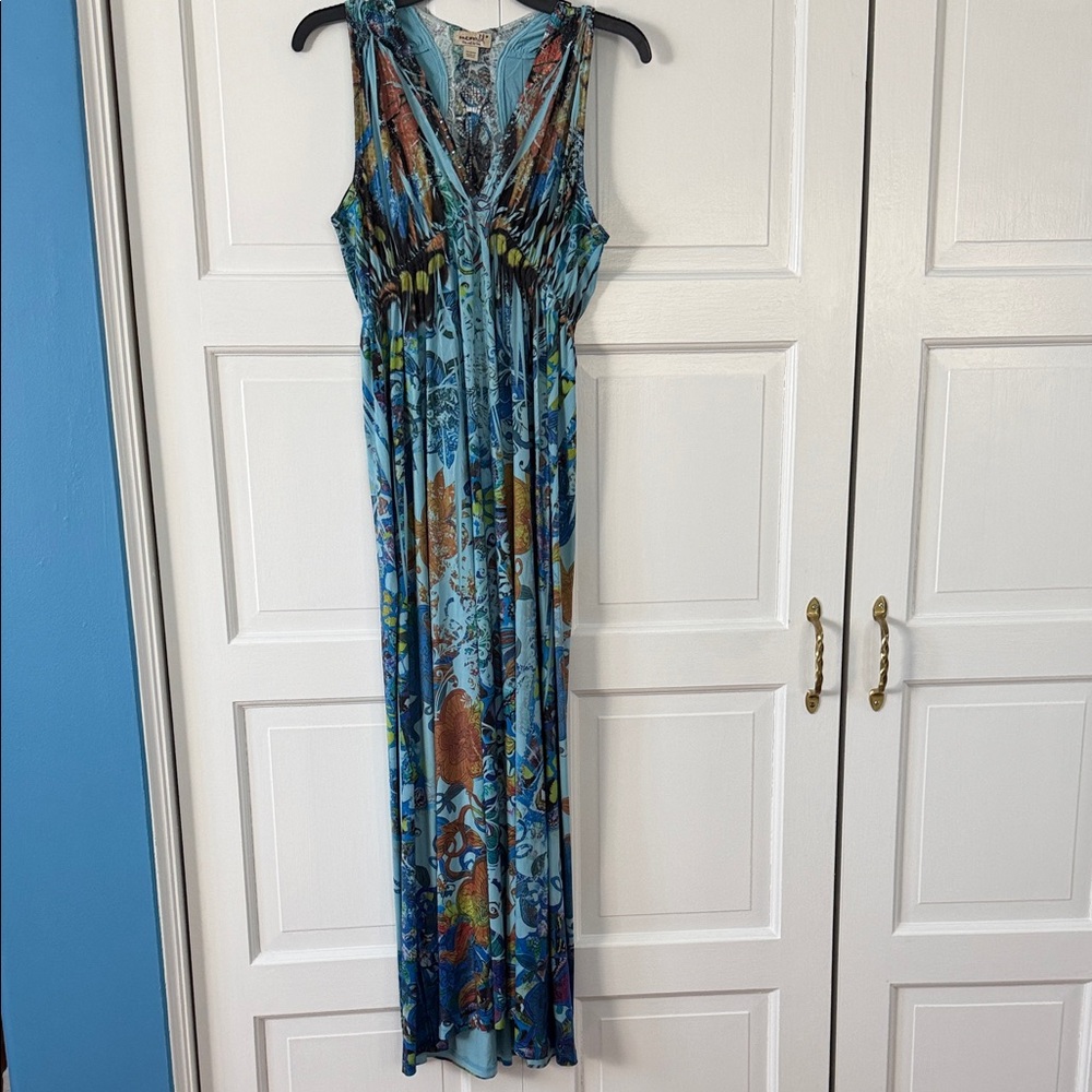 ONE WORLD Teal and Blue Paisley-Print Maxi Dress